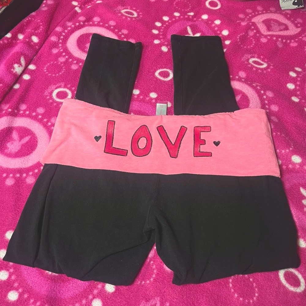 Pink Black Love Painted Fold Over Yoga Pants Skinny Fit Size Large